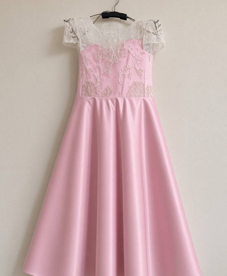 Rosa Abendkleid mit Spitzenoberteil und weit schwingendem Rock