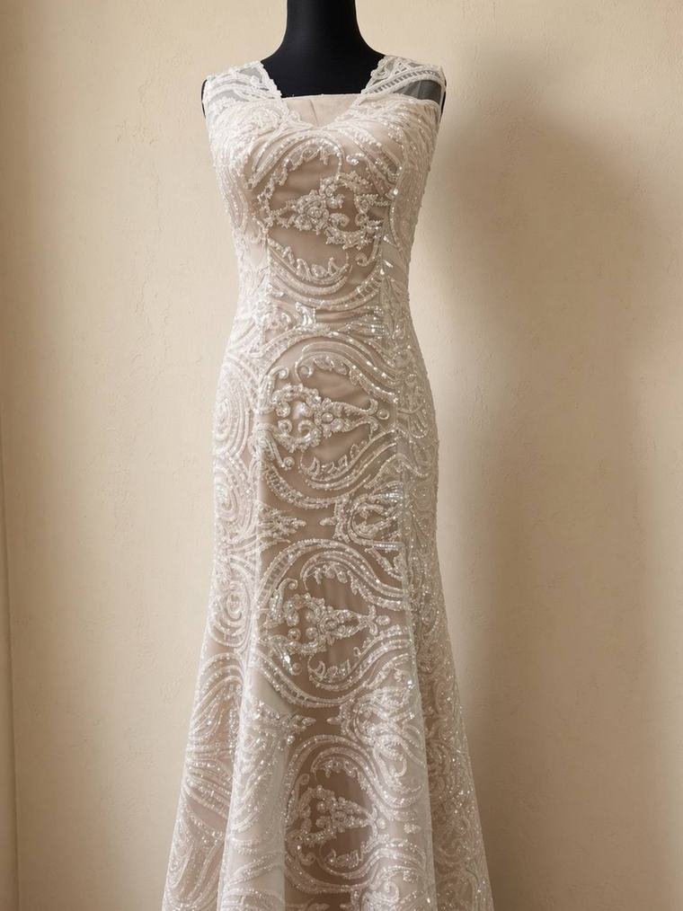 Champagnerfarbenes Spitzenkleid in Meerjungfrau-Form